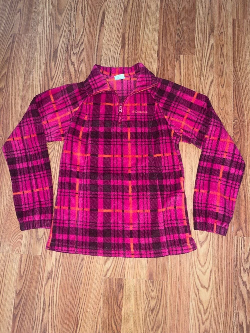 Columbia Women’s Pink & Orange Plaid Quarter Zip Fleece Pullover / Top Size Smal